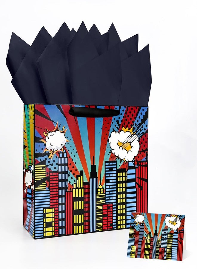 MUNILAIL 13 Inches Hero Gift Bag Large Gift Bag with Handle Tissue Paper and Greeting Card for Kids Birthday Hero Themed Party Large Paper Gift Bag - Image 1
